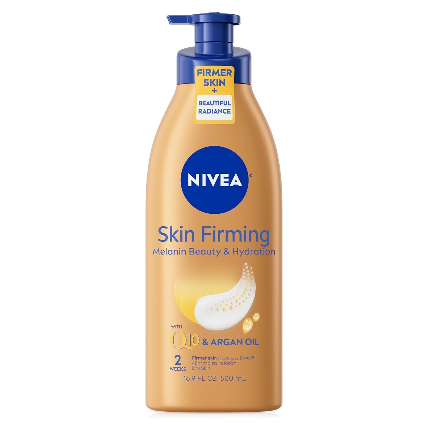 NIVEA Skin Firming Melanin Beauty & Hydration Body Lotion with Q10 and Argan Oil, Firmer Skin in as Little As Seven Days, 16.9 Fl Oz Pump Bottle