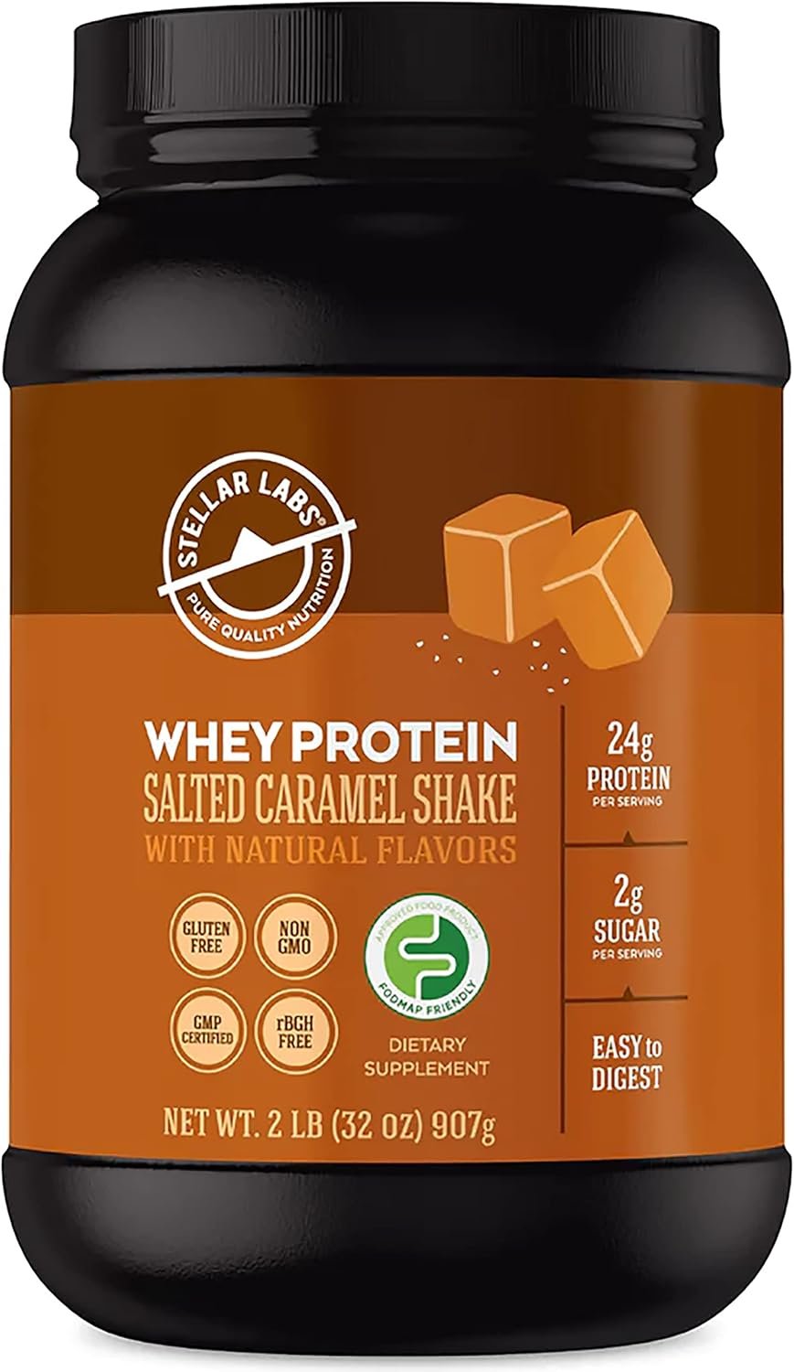 Stellar Labs Whey Protein Powder with BCAA’s & Whey Isolate | Certified Low FODMAP, Non GMO, Gluten Free, Soy Free, Low Carb, Keto, with Stevia | All Natural Lean Post Workout Shakes | Salted Caramel