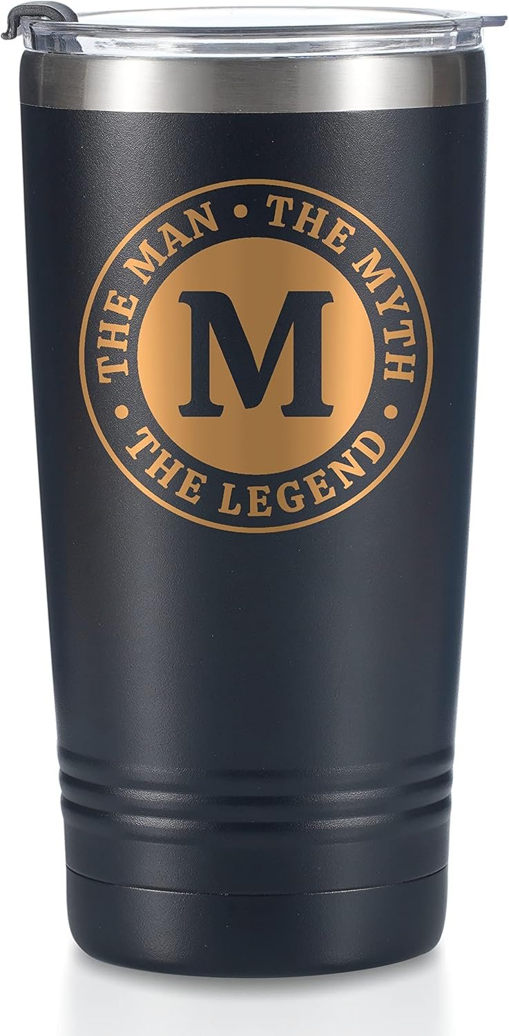 the Man the Myth the Legend Mug with Initials, Monogrammed Stainless Steel Travel Tumbler for Men, Funny Personalized Coffee Cup, Custom Beer Glass, Unique Birthday Christmas Gifts for Him, 20 oz, M