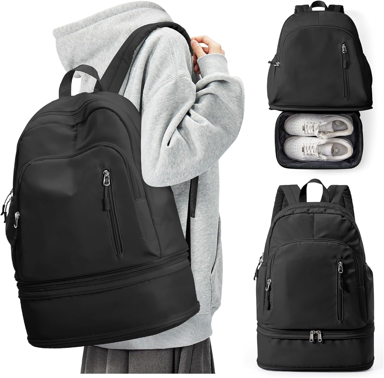 Small Black Gym Backpack for Women Men, Waterproof Gym Track Bag with Expandable Shoe Compartment, Lightweight Mini Casual Daypack Sports Back Pack for Travel Hiking Dance Yoga Fitness Track