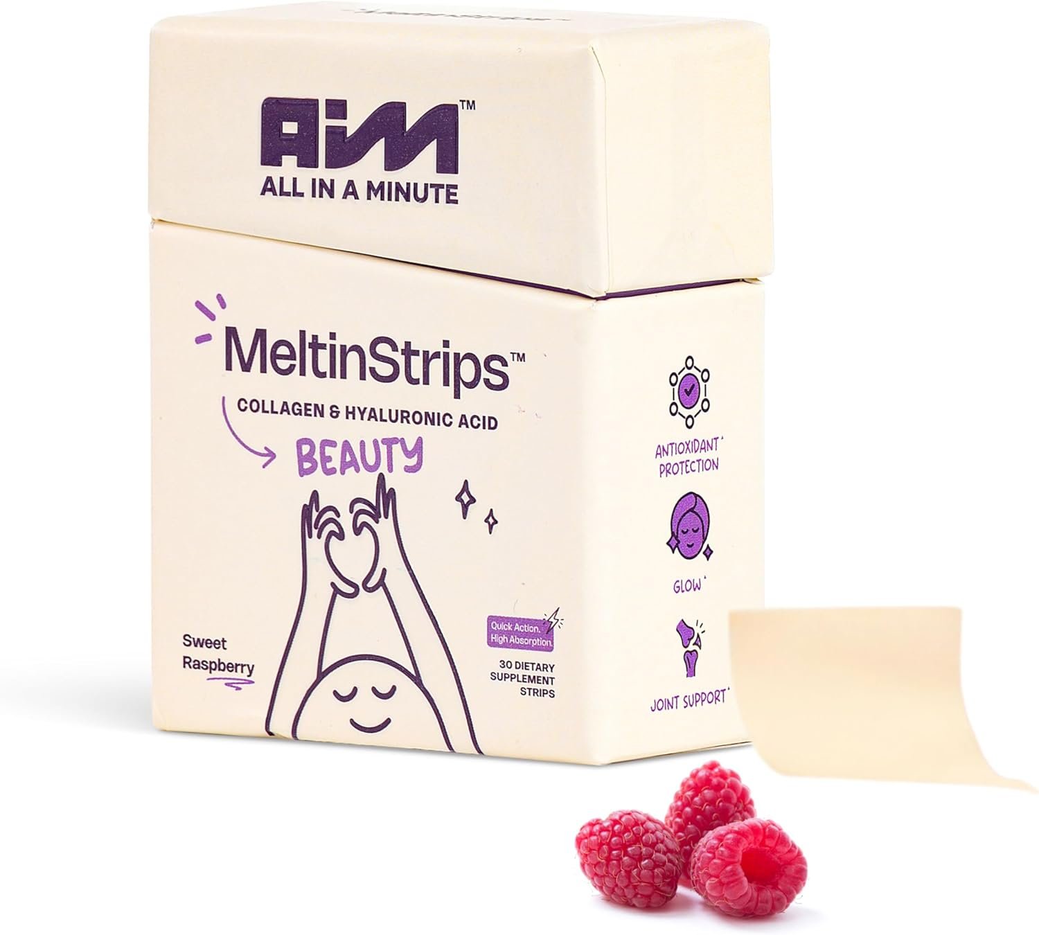 MeltinStrips™ – Vegan Collagen Oral Strips – 100mg Collagen Peptides + 20mg Hyaluronic Acid+30mg Resveratrol, Healthy Bones, Joints, Skin Elasticity & Hydration, No Sugar, Raspberry Flavor – 30 Strips