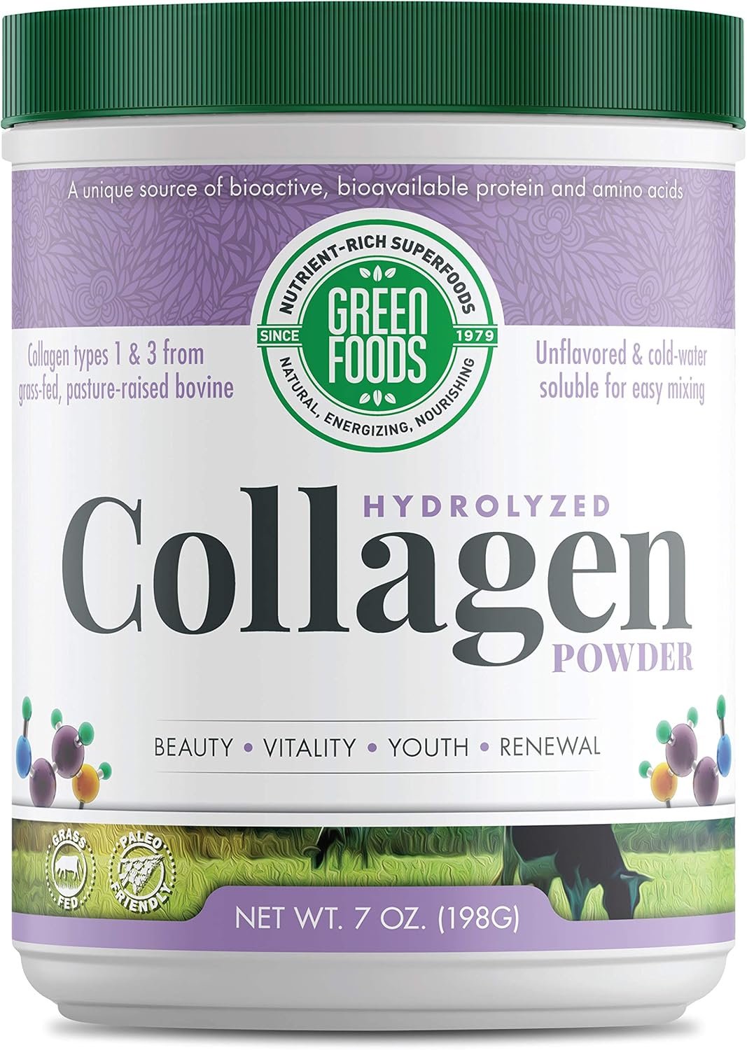 Green Foods Grass Fed Pasture Raised Hydrolyzed Collagen Peptides Protein Powder 7oz – 30 servings