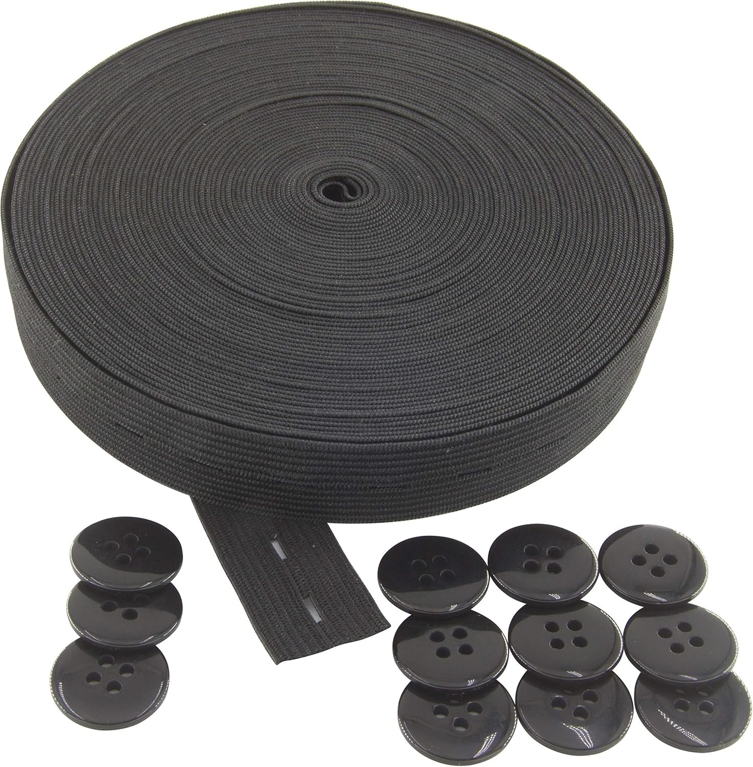 Flat Sewing Band Spool with Buttonholes, Elastic Stretchable, Ideal for DIY Waistbands and Necklines (Black, 3/4 inch × 12 Yards)